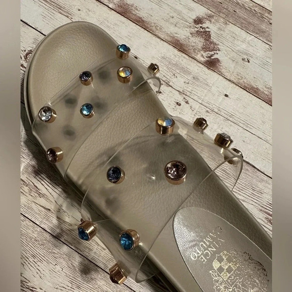 Vince Camuto Slide Sandals Clear Jeweled Size 7.5 Bling Slip On Pool Beach - Picture 5 of 8